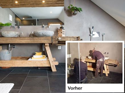 Før- og efterbillede af en renovering med skiferfliser på badeværelset