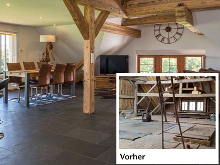 Før- og efterbillede af en renovering med skiferfliser i stuen