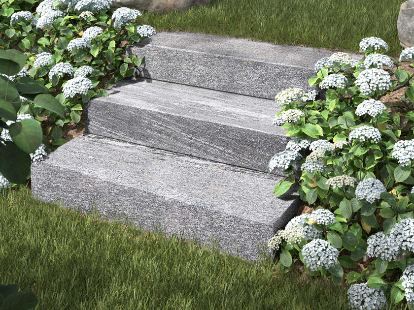 Gneis Urban Grey Line Bloktrin med blomster og græsplæne