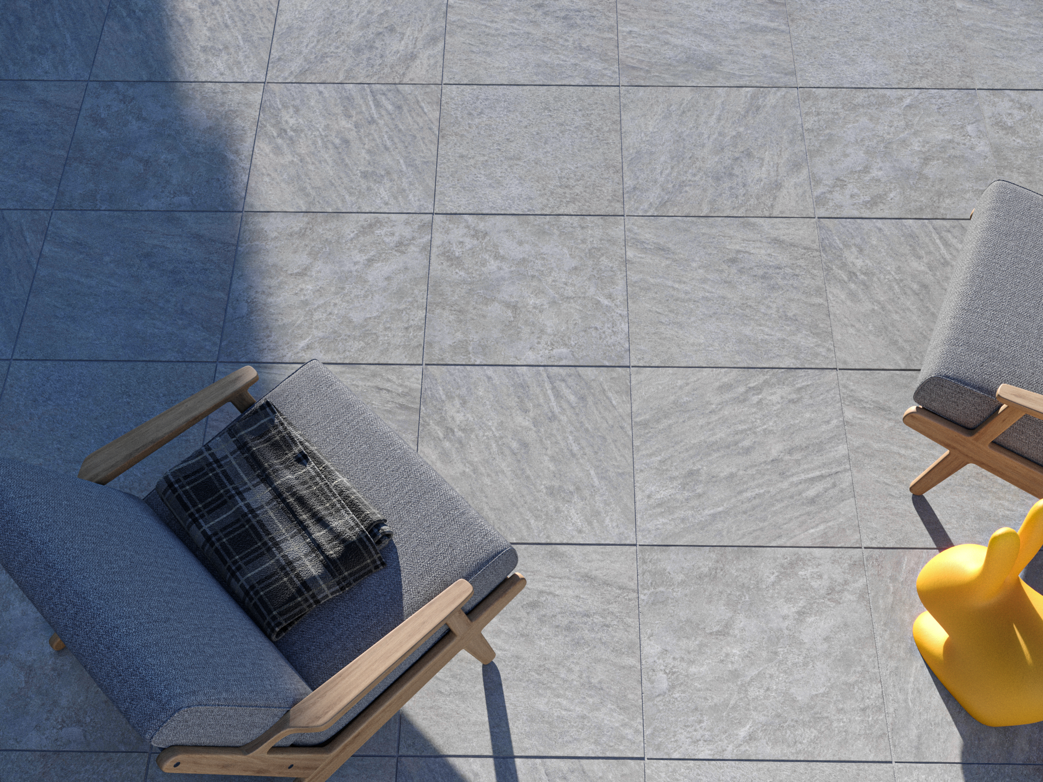 Terrasseplade i kvartsit-look Classic Grey med havemøbler