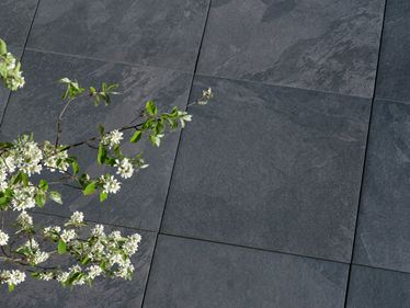 Mørke Alpine Black fliser i skiferlook med en gren i forgrunden