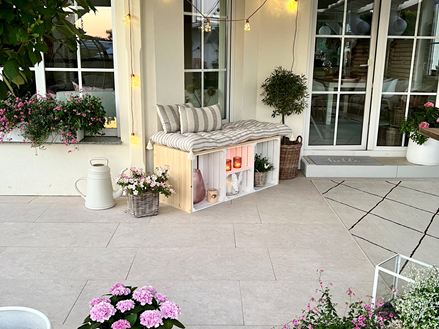 Siena terrassebænk i travertin-look aftensol