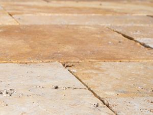 Detalje af travertinpladerne Gold i udendørsområdet set fra frøens perspektiv