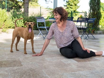 Kvinde sidder på en terrasse med brune travertinplader, en hund ved siden af hende