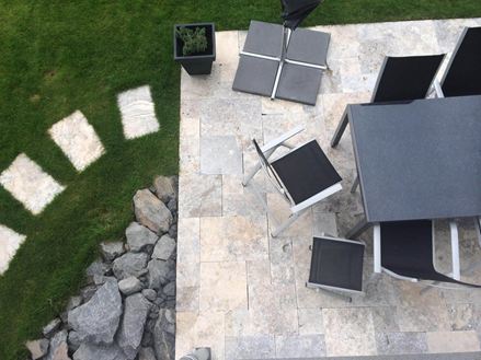 Kundefoto Silver travertinplader, terrasse med opholdsområde