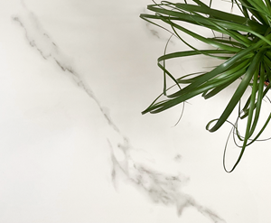 Topbillede af Perla White-flisen med marmoreffekt