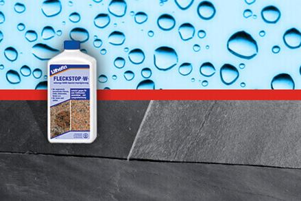 En flaske med imprægnering foran skiferfliser og en grafik med vanddråber