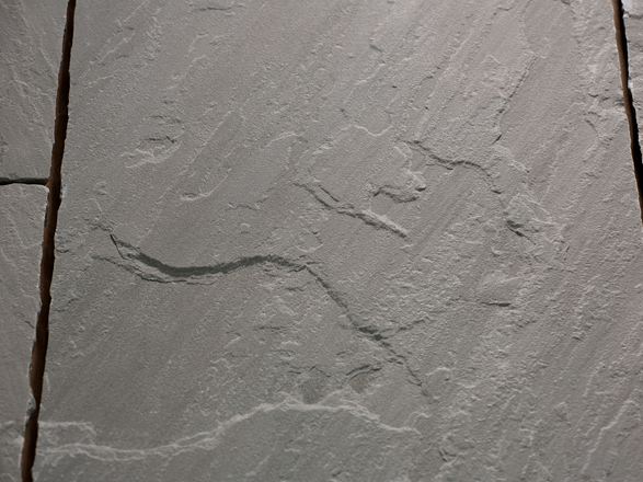 Nærbillede af Kandla Grey sandstensplade med naturlig fløjlsbørstet overflade