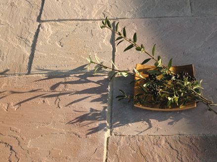 Modak sandstensplader med dekorativ skål, bær og grene