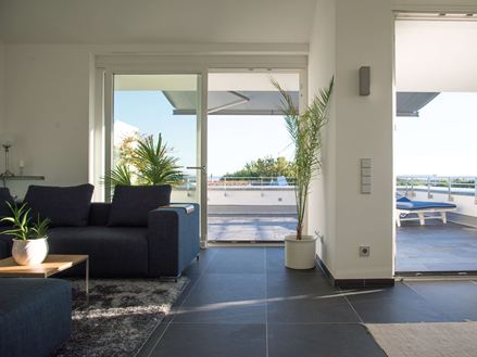 Overgang fra stuen til terrassen med skifer