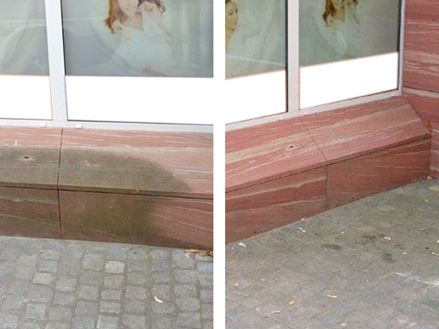 Sandstensfacade før og efter fjernelse af den grønne belægning