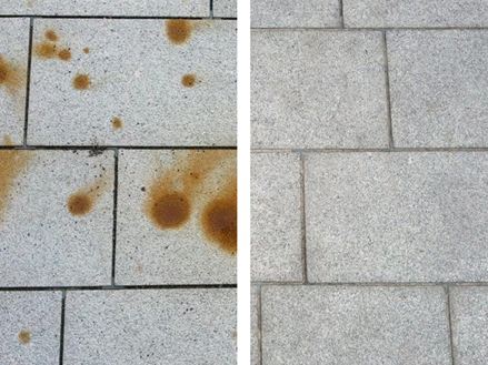 Rengøring af granitplader med rustpletter Før og efter sammenligning