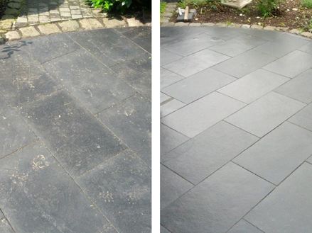 Før og efter sammenligning af rengøring af skiferfliser på terrassen