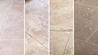 Tromlet travertin kan have så mange ansigter: Travertin Light, Medium, Rustic og Noce til sammenligning (fra venstre mod højre)