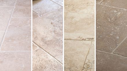 Tromlet travertin kan have så mange ansigter: Travertin Light, Medium, Rustic og Noce til sammenligning (fra venstre mod højre)