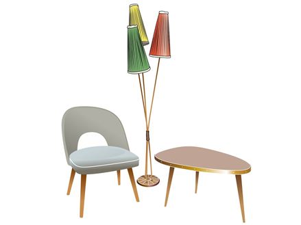 Typiske retromøbler: gulvlampe med farvestrålende lampeskærme og nyreformede